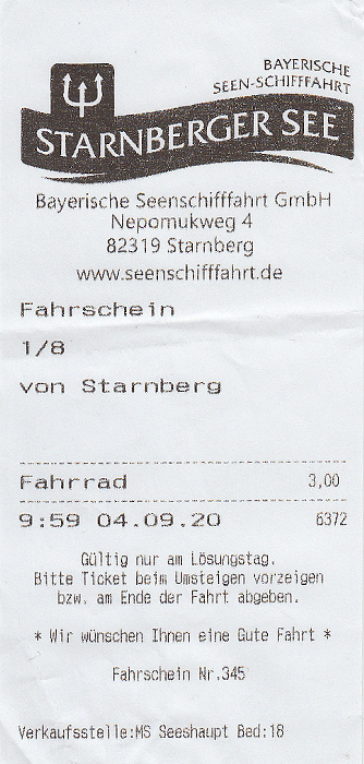 Fahrschein (Fahrrad) Schiff Starnberg - Ambach