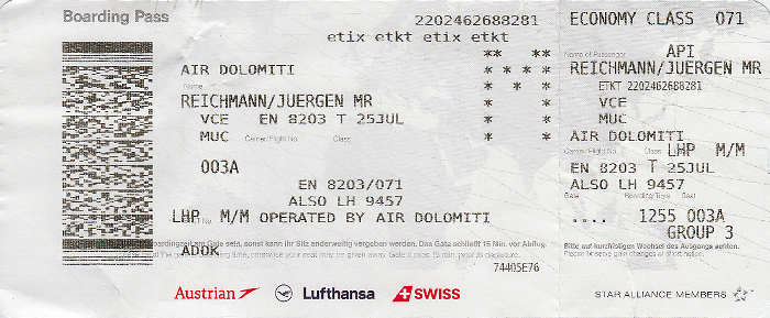 Bordkarte Flug Venedig - München (Air Dolomiti)