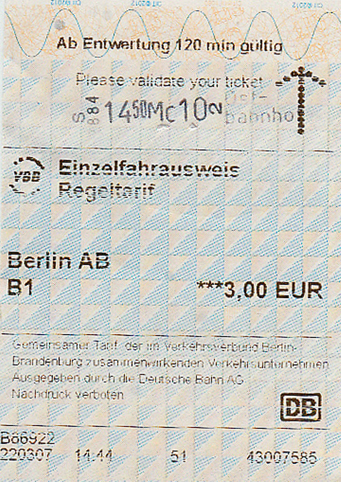 VBB-Einzelfahrausweis Regeltarif Berlin AB