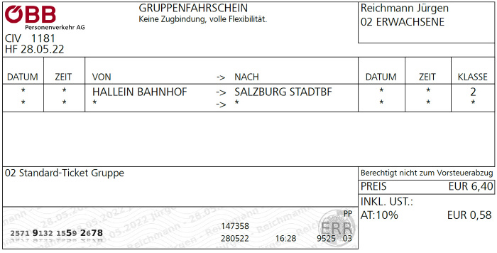 Bahngruppenfahrkarte Hallein - Salzburg