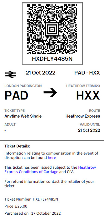 Fahrkarte Heathrow Express London Paddington - Heathrow Terminal 5