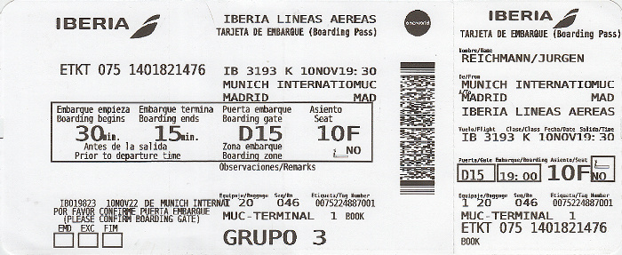 Bordkarte Flug München - Madrid (iberia)