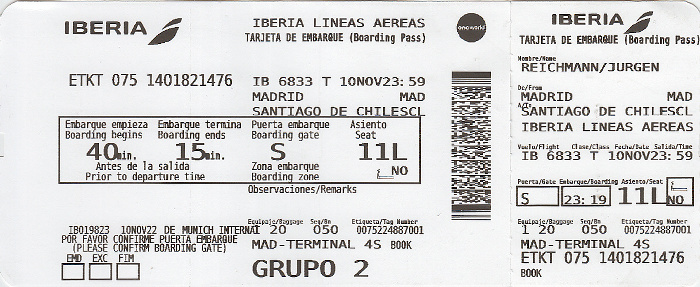 Bordkarte Flug Madrid - Santiago de Chile (iberia)