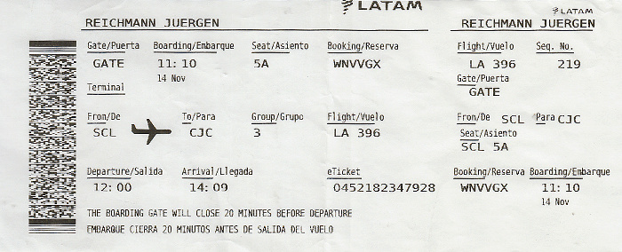 Bordkarte Flug Santiago de Chile - Calama (LATAM)