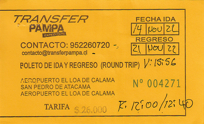 Bus Calama - San Pedro de Atacama 14.11. / San Pedro de Atacama - Calama 21.11.