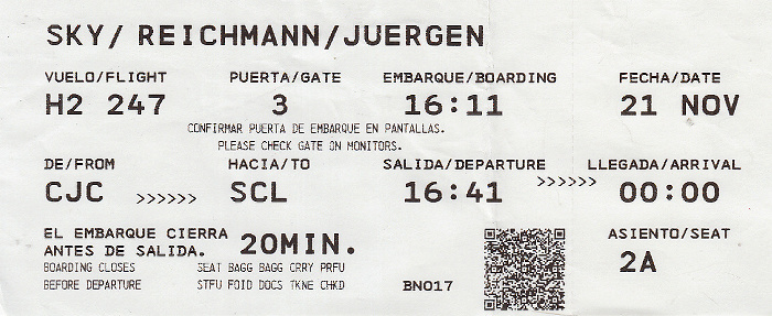 Bordkarte Flug Calama - Santiago de Chile (Sky Airlines)