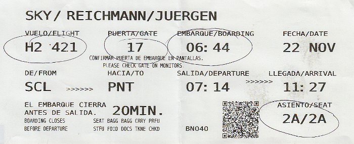 Bordkarte Flug Santiago de Chile - Puerto Montt - Puerto Natales (Sky Airlines)