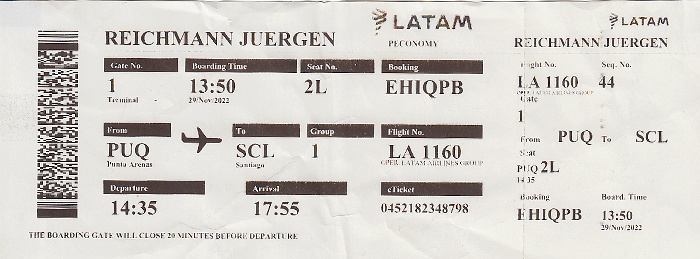 Bordkarte Flug Punta Arenas - Santiago de Chile (LATAM)