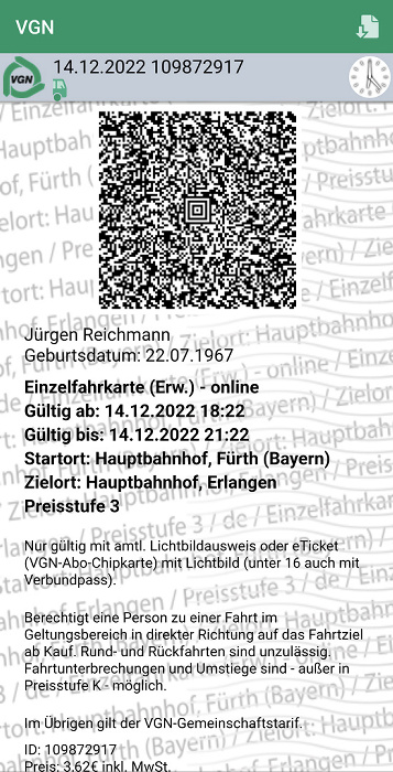 VGN-Fahrkarte S-Bahn Fürth - Erlangen