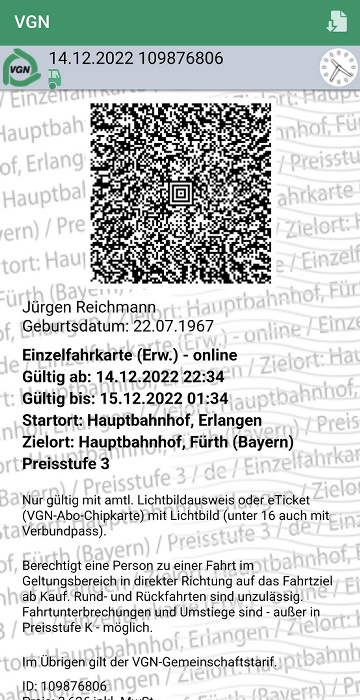 VGN-Fahrkarte S-Bahn Erlangen - Fürth