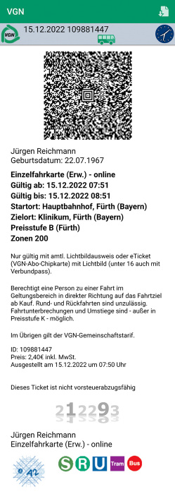 VGN-Fahrkarte U-Bahn Hauptbahnhof - Klinikum Fürth