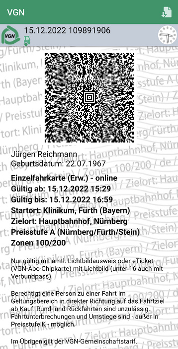 VGN-Fahrkarte U-Bahn Klinikum Fürth - Hauptbahnhof Nürnberg