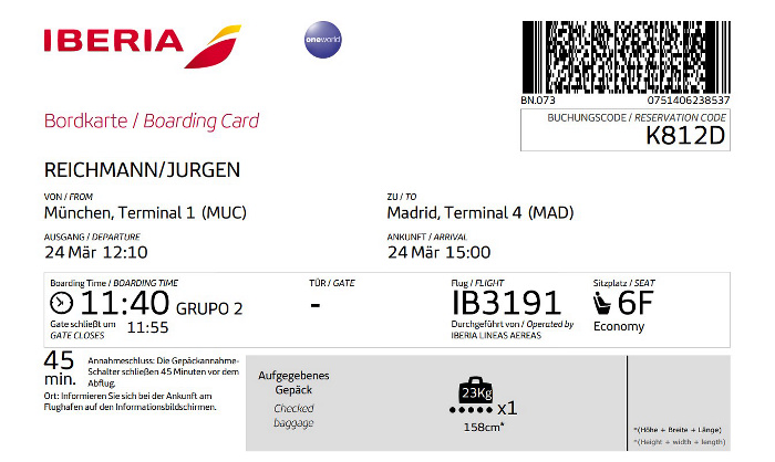 Bordkarte Flug München - Madrid (Iberia)