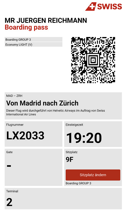 Bordkarte Flug Madrid - Zürich (Helvetic Airways)