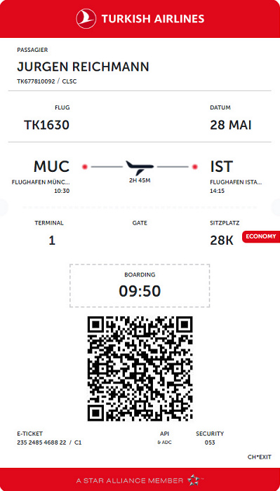 Bordkarte Flug München - Istanbul (Turkish Airlines)