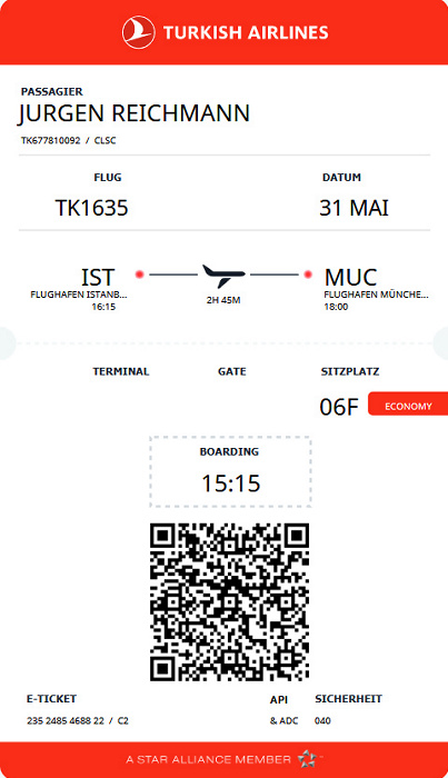 Bordkarte Flug Istanbul - München (Turkish Airlines)