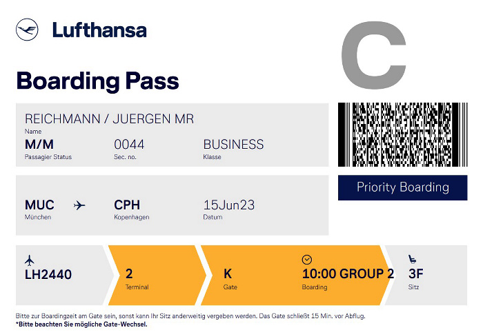 Bordkarte Flug München - Kopenhagen (Lufthansa)