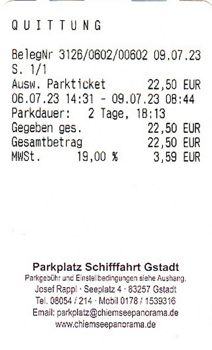 Gstadt am Chiemsee Parkschein 6.-9.7.