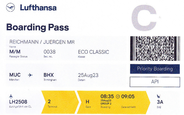 Bordkarte Flug München - Birmingham (Lufthansa)