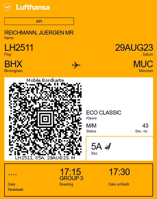 Bordkarte Flug Birmingham - München (Lufthansa)