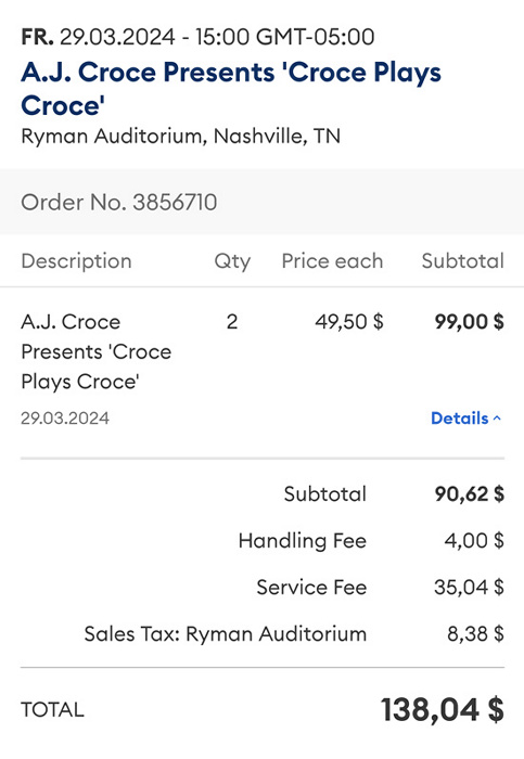 Nashville Ryman Auditorium: A.J. Croce Presents 'Croce plays Croce'
